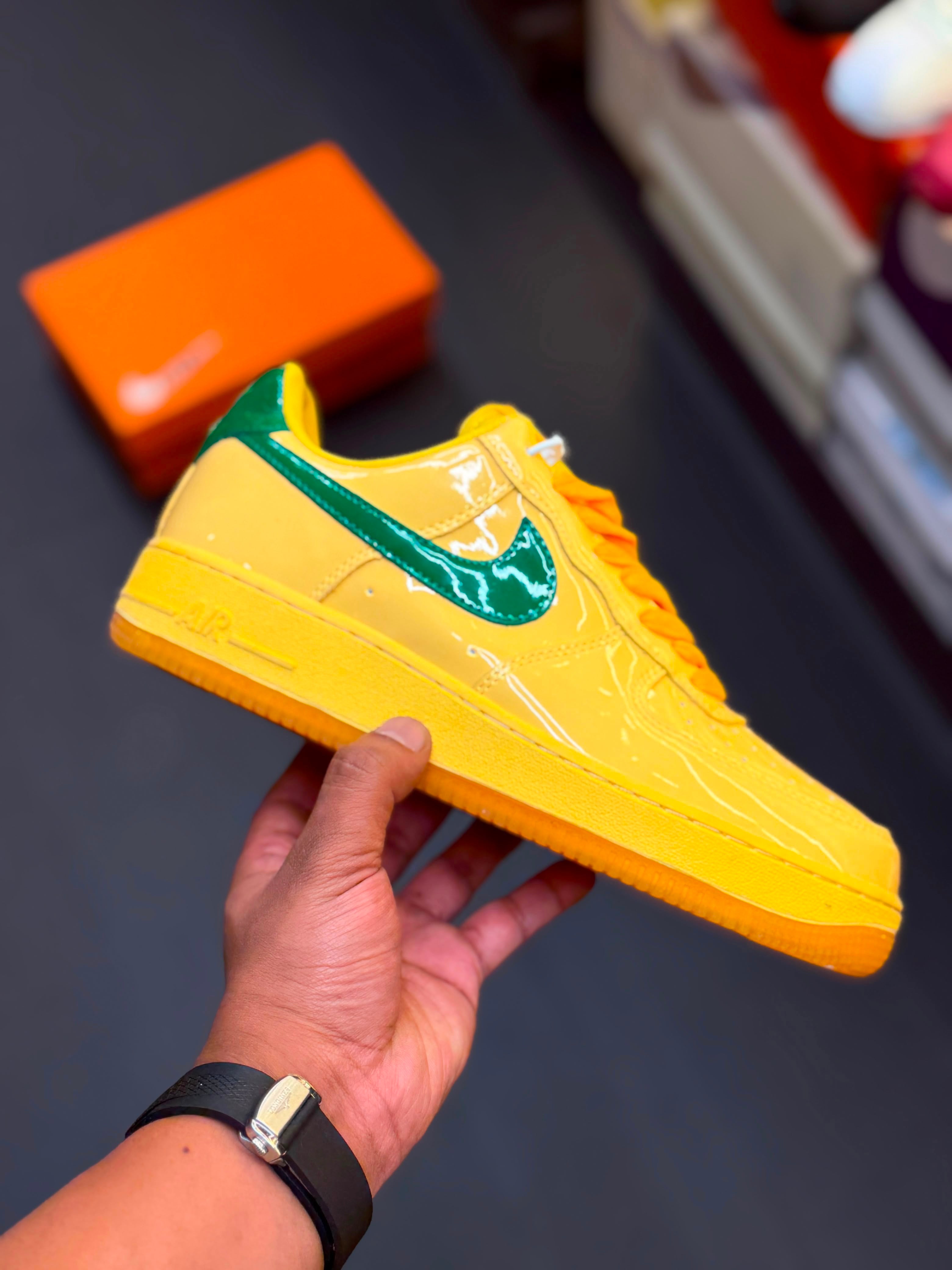 Nike Air Force 1 Low Patent Leather Topaz Gold Pine Green